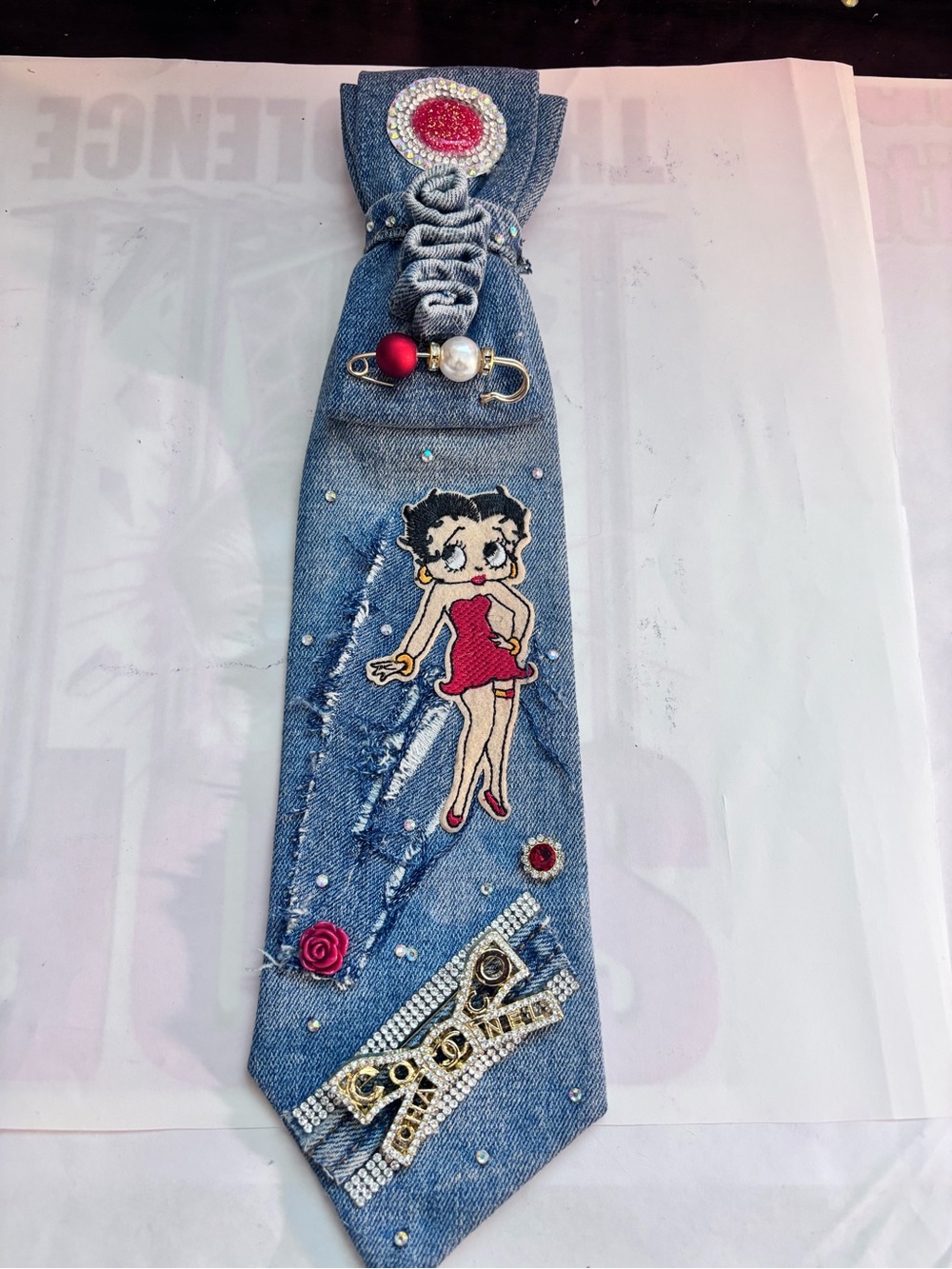 Denim Women's Tie with Pink Betty Boop Patch